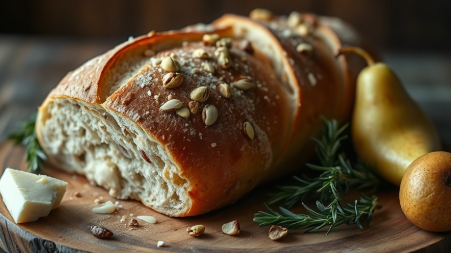 Pistachio pear and brie stuffed sourdough on wooden board.