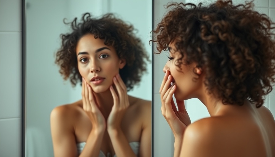 Curly-haired woman examining skin in mirror, contemplating filler migration.