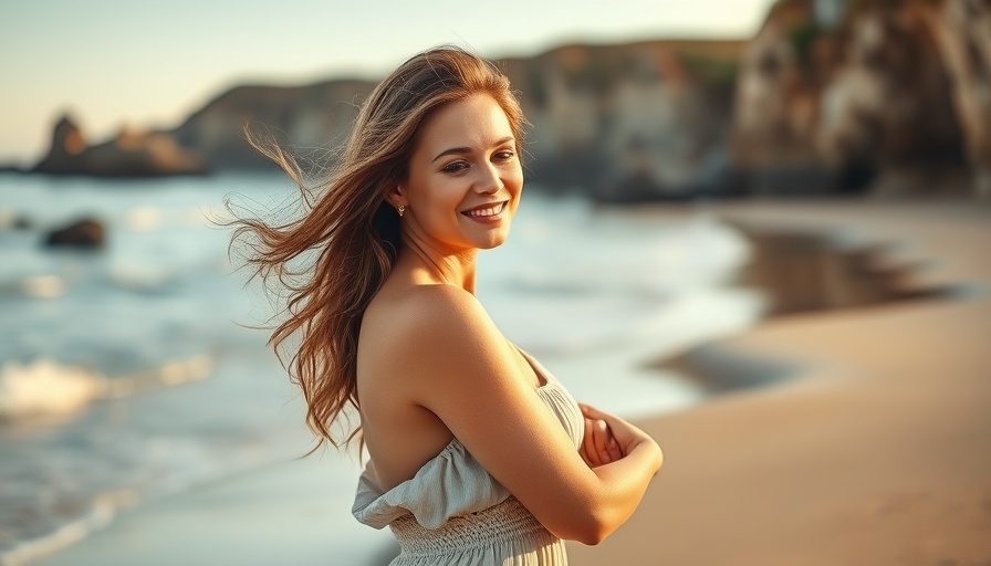 Woman on beach smiling gently, embracing advanced skincare for spring.