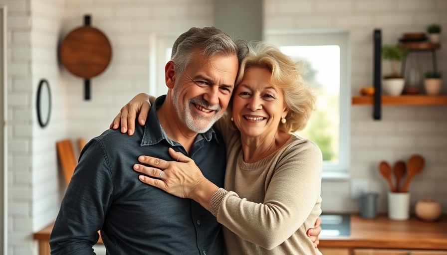 Smiling couple in kitchen, linked to O-Shot, P-Shot, and Hormone Replacement Therapy.