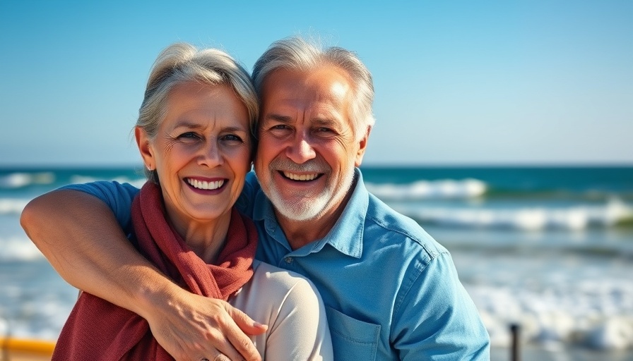Middle-aged couple happy at beach for hormone optimization therapy promo.