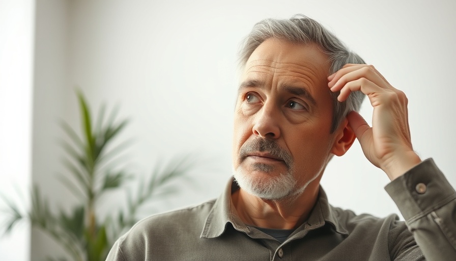 Man examining hair loss in mirror, considering microneedling options.