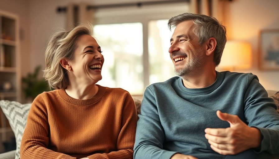 Joyful couple laughing in living room, BioTE hormone replacement therapy