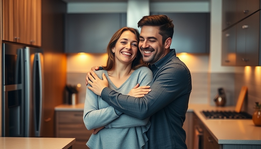 Happy couple embracing in kitchen, highlighting O-Shot treatment for women's health.