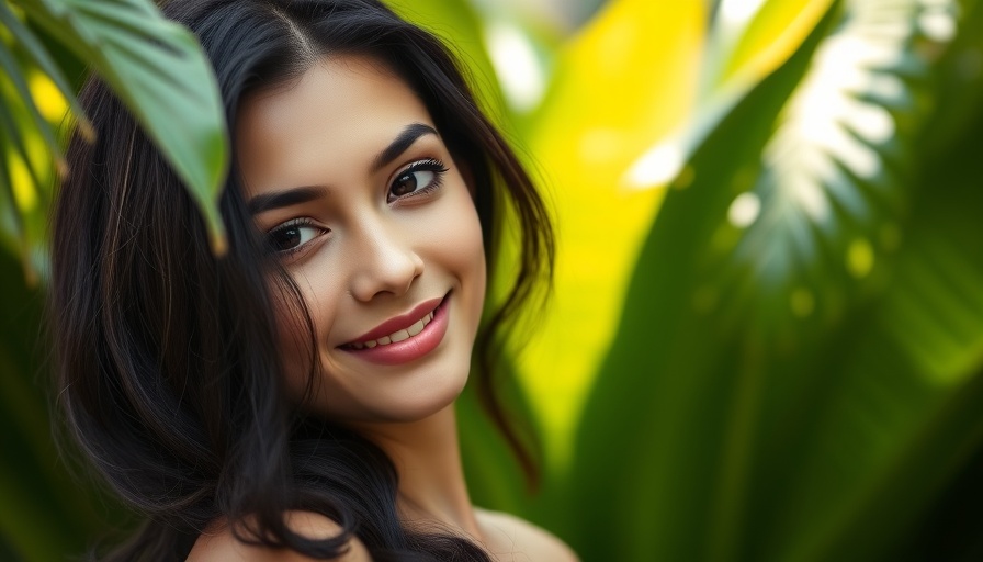 Serene young woman smiling gently, lush plant background.