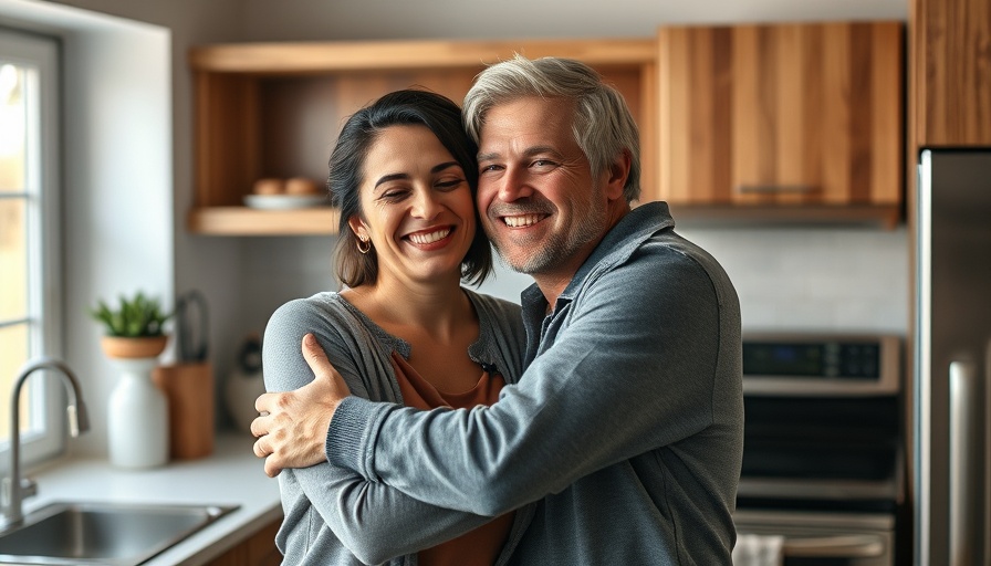 Happy couple embracing in a kitchen, illustrating benefits of the O-Shot.