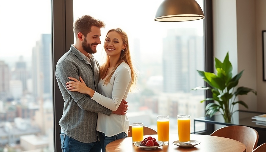 Happy couple in modern apartment with city view.