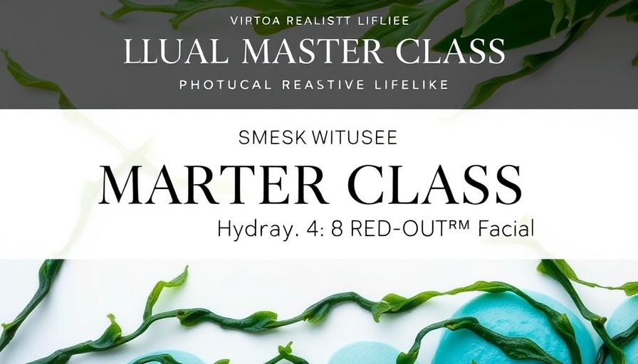 Virtual master class poster for Dermaplaning and Hydra 4 Red-Out® Facial with seaweed textures.