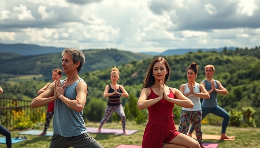 Group practicing yoga at Ayurvedic retreat with Tuscan view