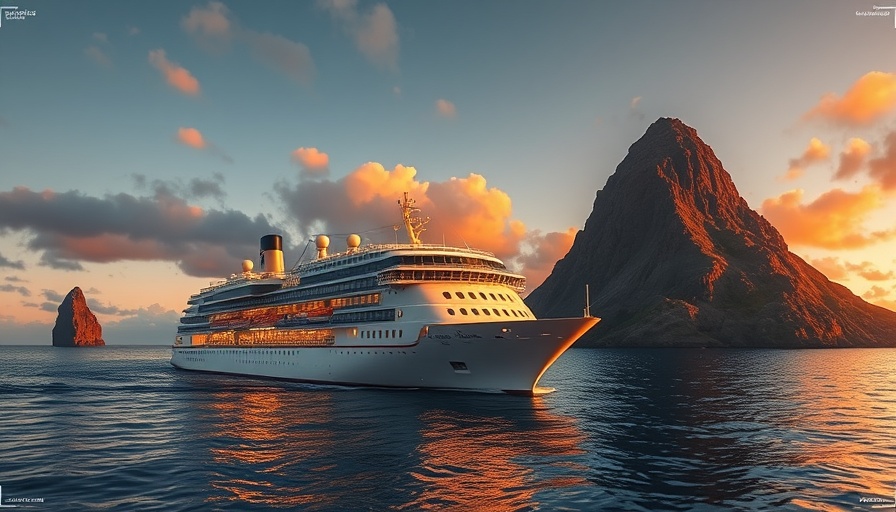 Luxurious cruise ship near Kicker Rock, Galapagos Islands, at sunset.