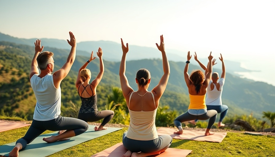 Group practicing yoga in a serene Tuscany setting, Ayurveda Retreat.