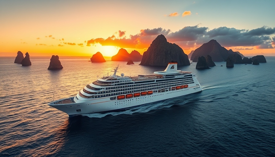 Majestic cruise ship in Galapagos Islands during sunset with rock formations.