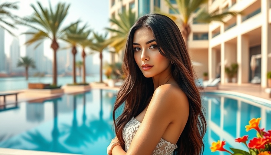 Elegant woman at a luxurious Dubai pool, serene expression.