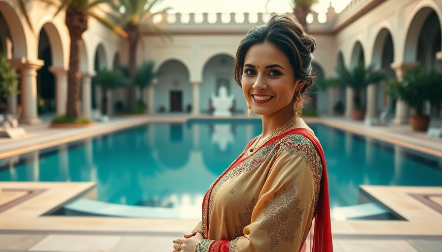 Elegant woman by luxurious pool in Dubai courtyard.