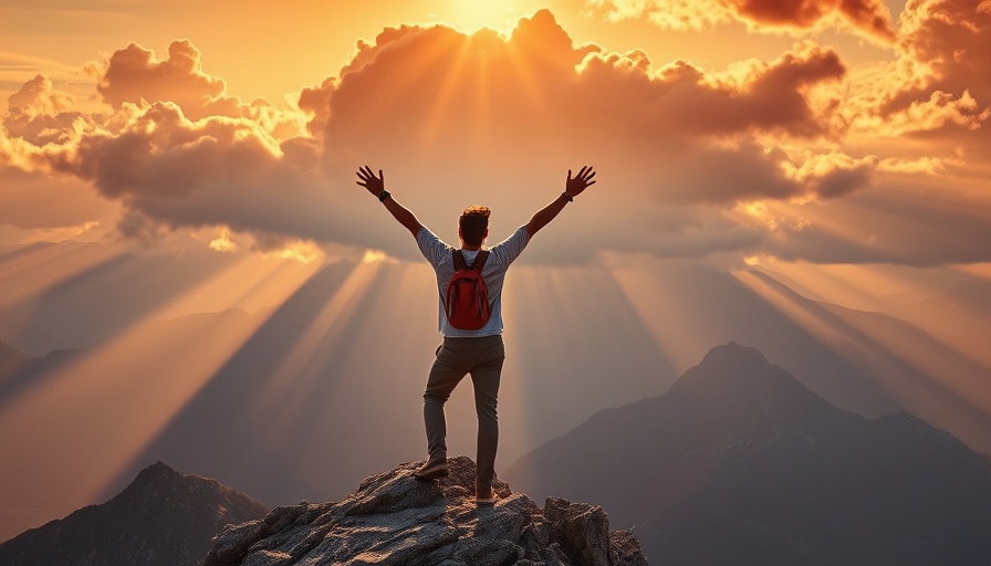 Transform Your Life Through Mind Body and Spirit: Adventurer embracing sunrise on mountain.