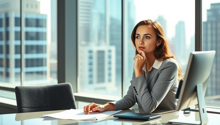 Confident businesswoman in modern office considering energy management.