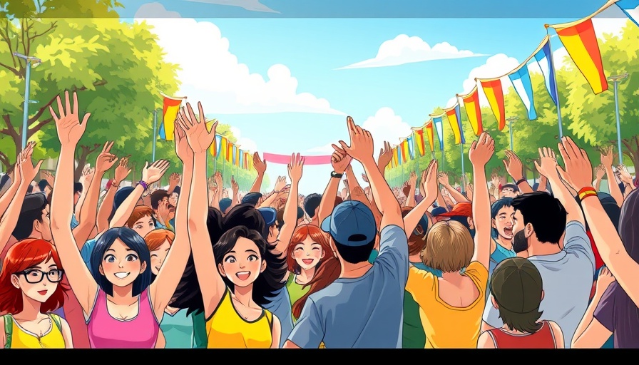 Colorful celebration of diverse crowd outdoors, achieving happiness.