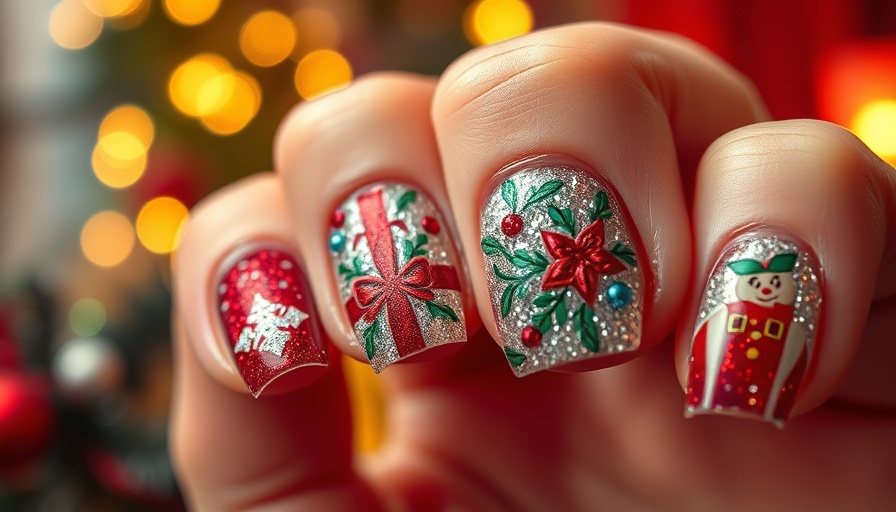 Vibrant holiday-ready nails with festive designs and glitter.