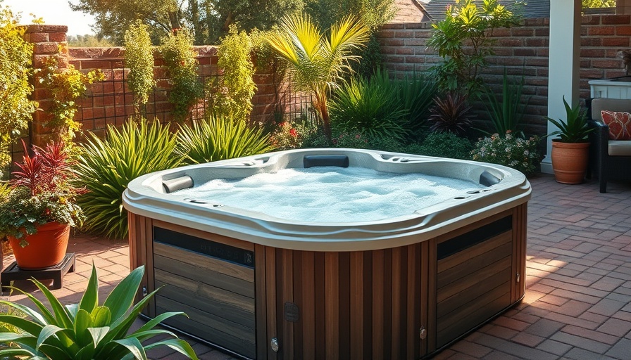 Outdoor hot tub on a brick patio with lush garden surroundings.