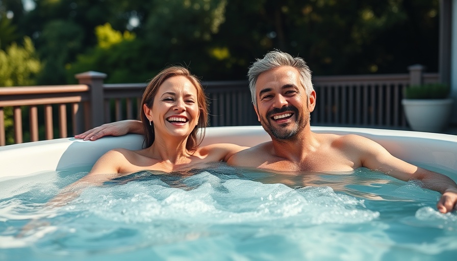 Smiling couple in a hot tub surrounded by lush greenery.