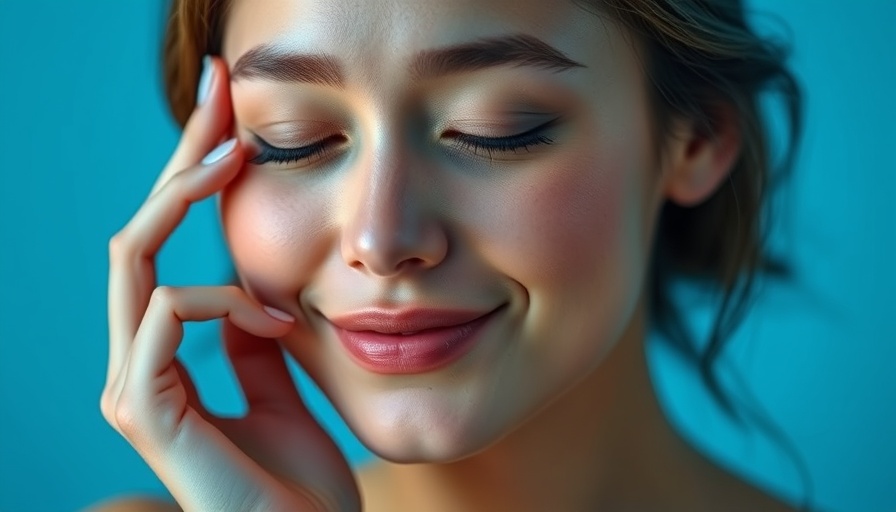 Serene young woman touching her face, facial scars healing, soft background.