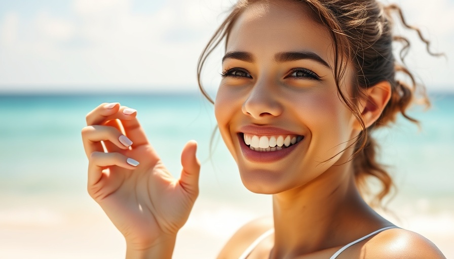 Young woman applying sunscreen at the beach enjoying ceramide sunscreen benefits.
