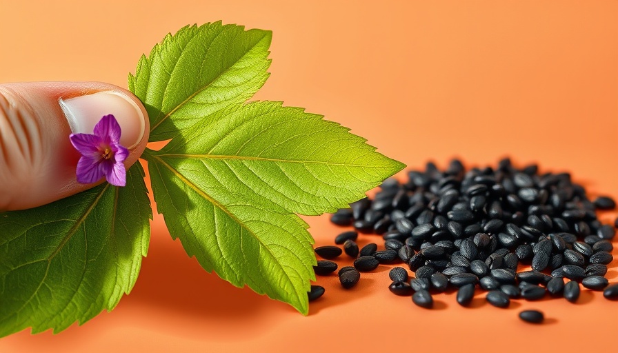 Close-up of Bakuchiol leaf, flower, and seeds highlighting benefits.