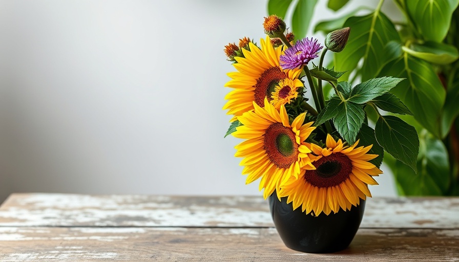 Inspirational floral arrangement with sunflowers and quote.