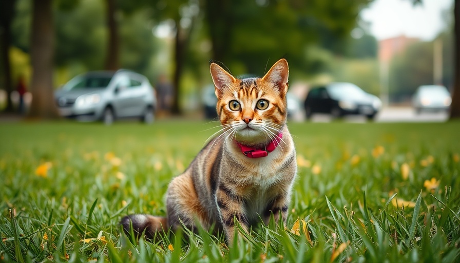 Tabs the Cat in a grassy park with a pink collar.