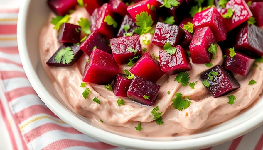 Colorful creamy beet salad with herbs in white dish.
