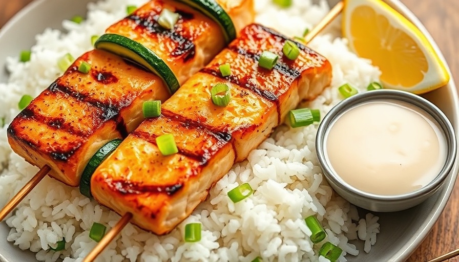 Grilled miso salmon skewers on rice with miso sauce and lemon.