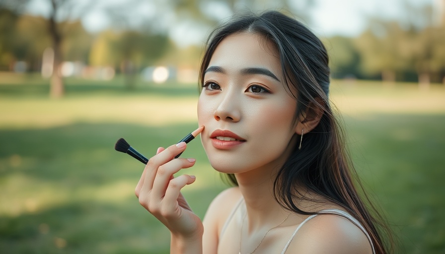 Woman applying blush outdoors for a spring makeup wardrobe update.