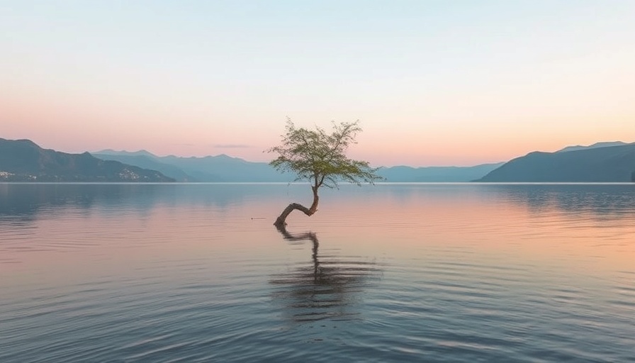 Start Living Simply Now with serene solitary tree in calm lake at dawn.