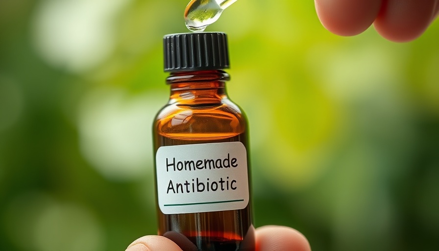 Amber glass bottle labeled as homemade liquid antibiotic held outdoors.