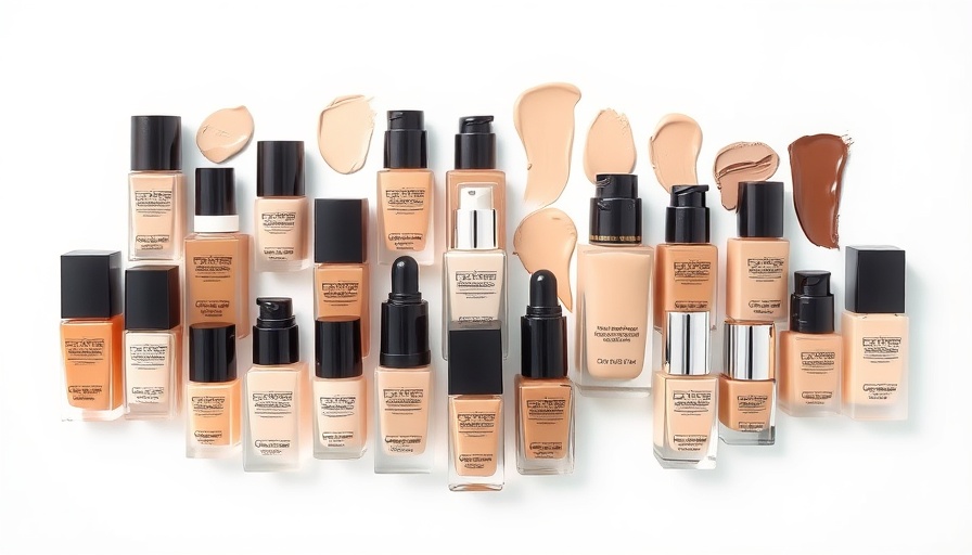 Collection of clean beauty foundation with SPF bottles showing diverse shades.