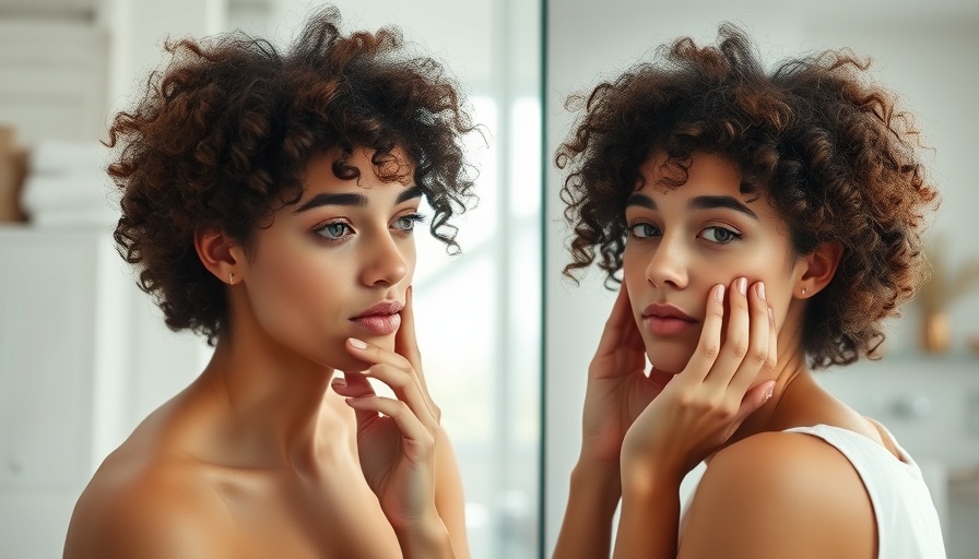 Thoughtful young woman looking in mirror, contemplating filler migration.