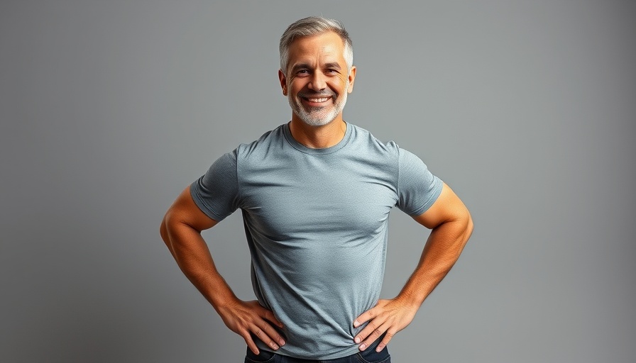 Middle-aged man confidently smiling, promoting CoolSculpting for Men.