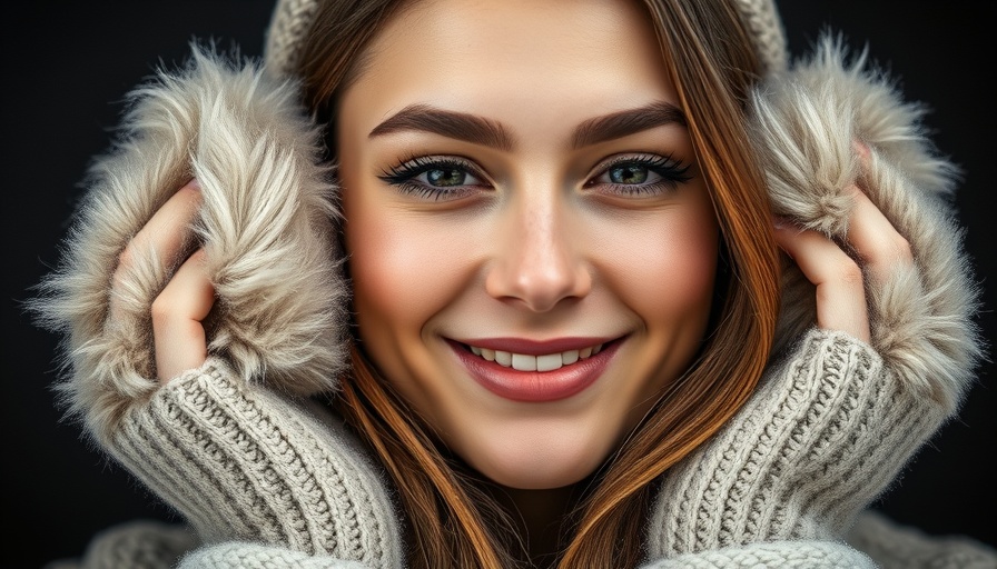 Young woman with fluffy earmuffs, glowing skin, winter look.