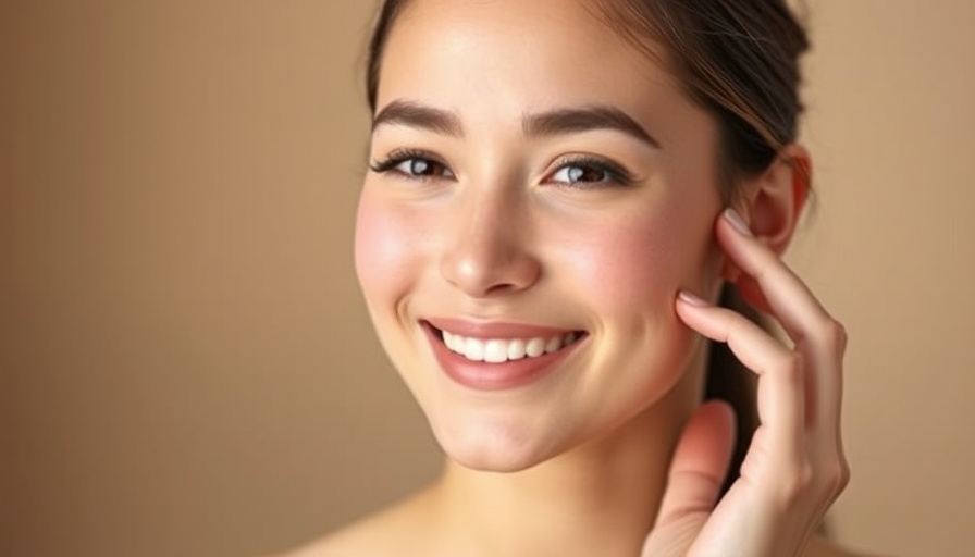 Smiling woman touching face, Near-Infrared Skin Tightening concept.
