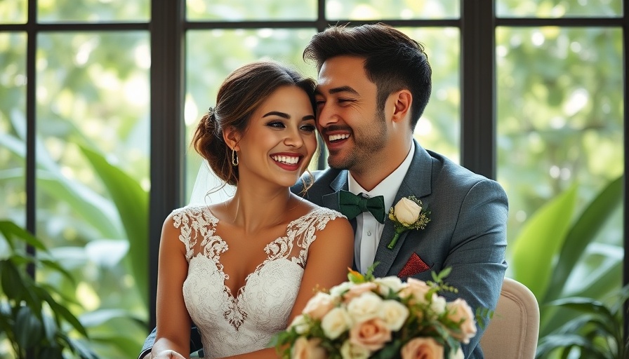Joyful couple on perfect wedding day with lush greenery backdrop.