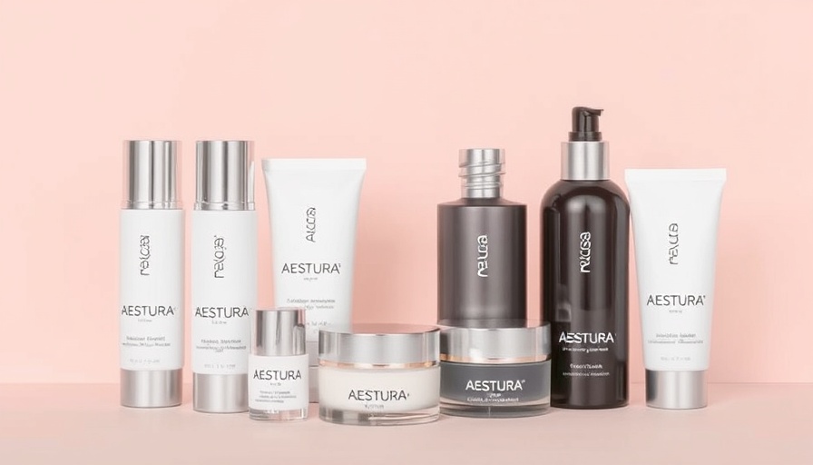 Aestura skincare products in minimalistic layout with modern packaging.