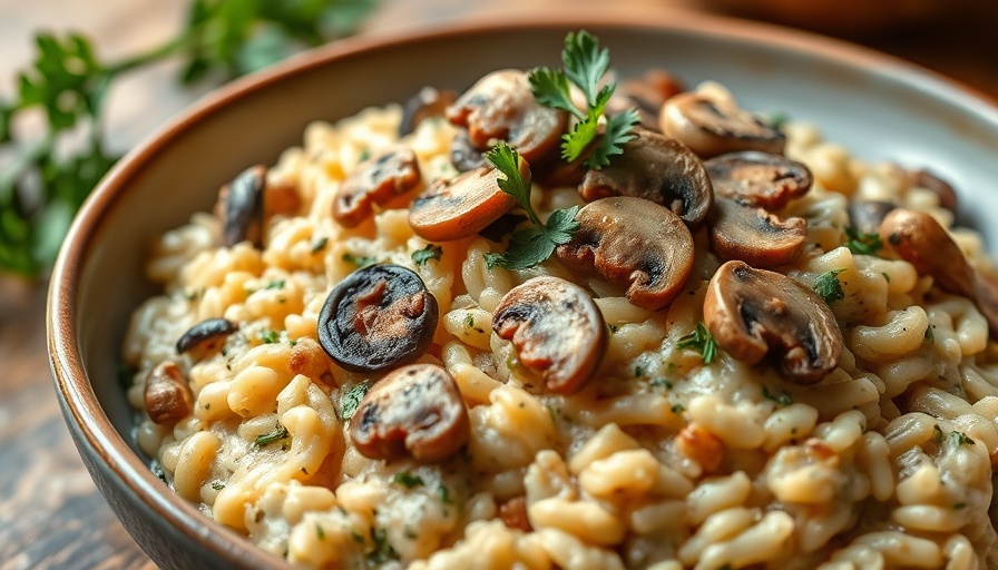 Savory vegan risotto with mixed mushrooms in a ceramic bowl.