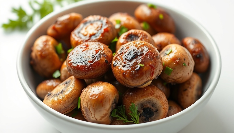 Quick air fryer mushrooms garnished with herbs in a white bowl.
