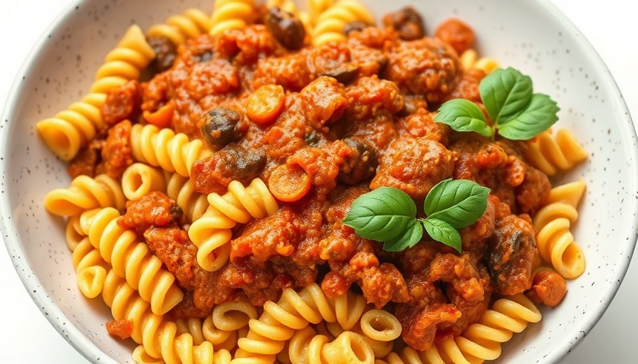 Vegan bolognese with TVP and fusilli in a ceramic bowl