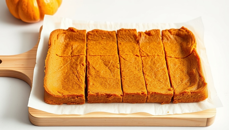 Easy vegan pumpkin pie bars cut into squares on a cutting board.