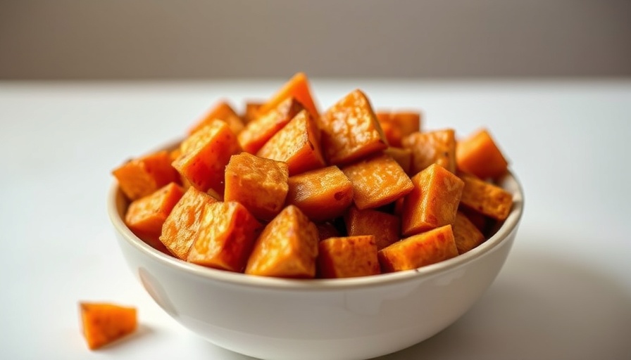 Delicious air fryer sweet potatoes in a bowl on a white surface.