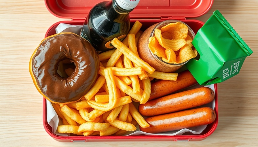 Assorted ultra-processed foods in a colorful lunchbox on table.