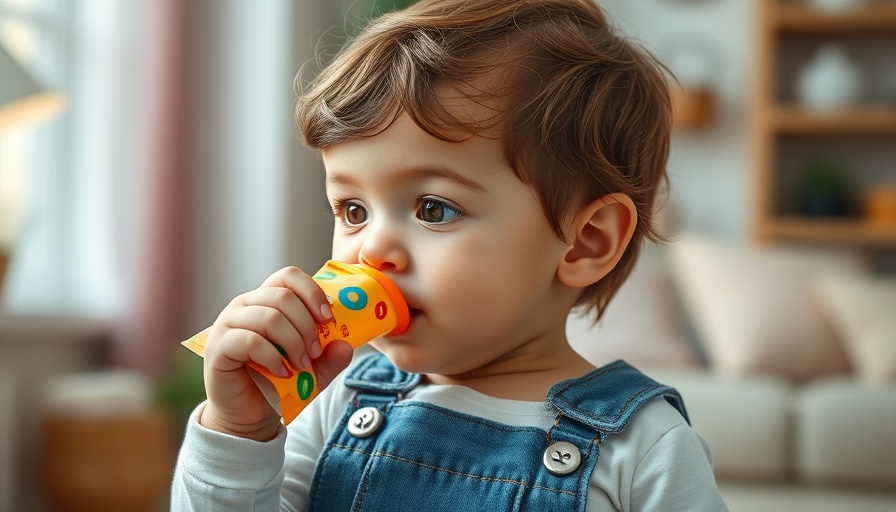 Toddler enjoying food pouch, sugar in baby food, indoor setting.