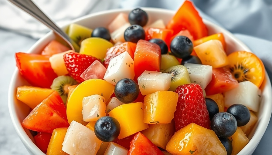 Vibrant and colorful easy fruit salad in a white bowl.