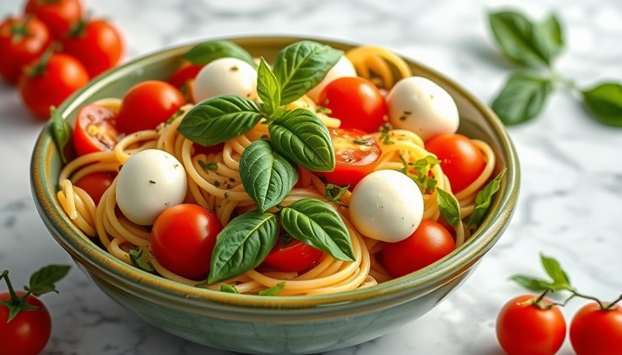 Vibrant Caprese pasta salad in a rustic green bowl on marble.